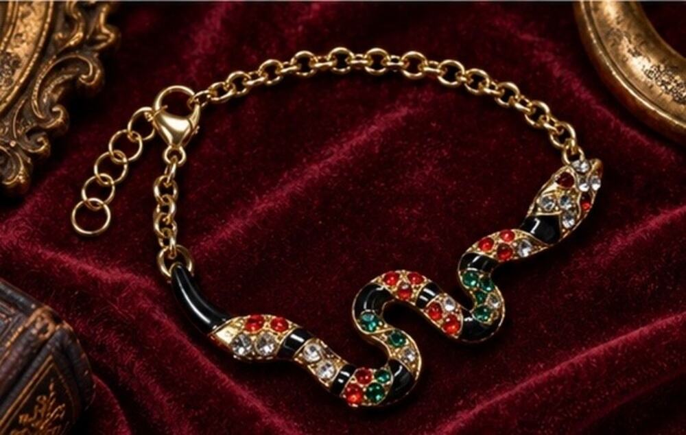 Reimagined Jeweled Snake Bracelet Black Enamel Gold Tone Adjustable 7- 8 inches